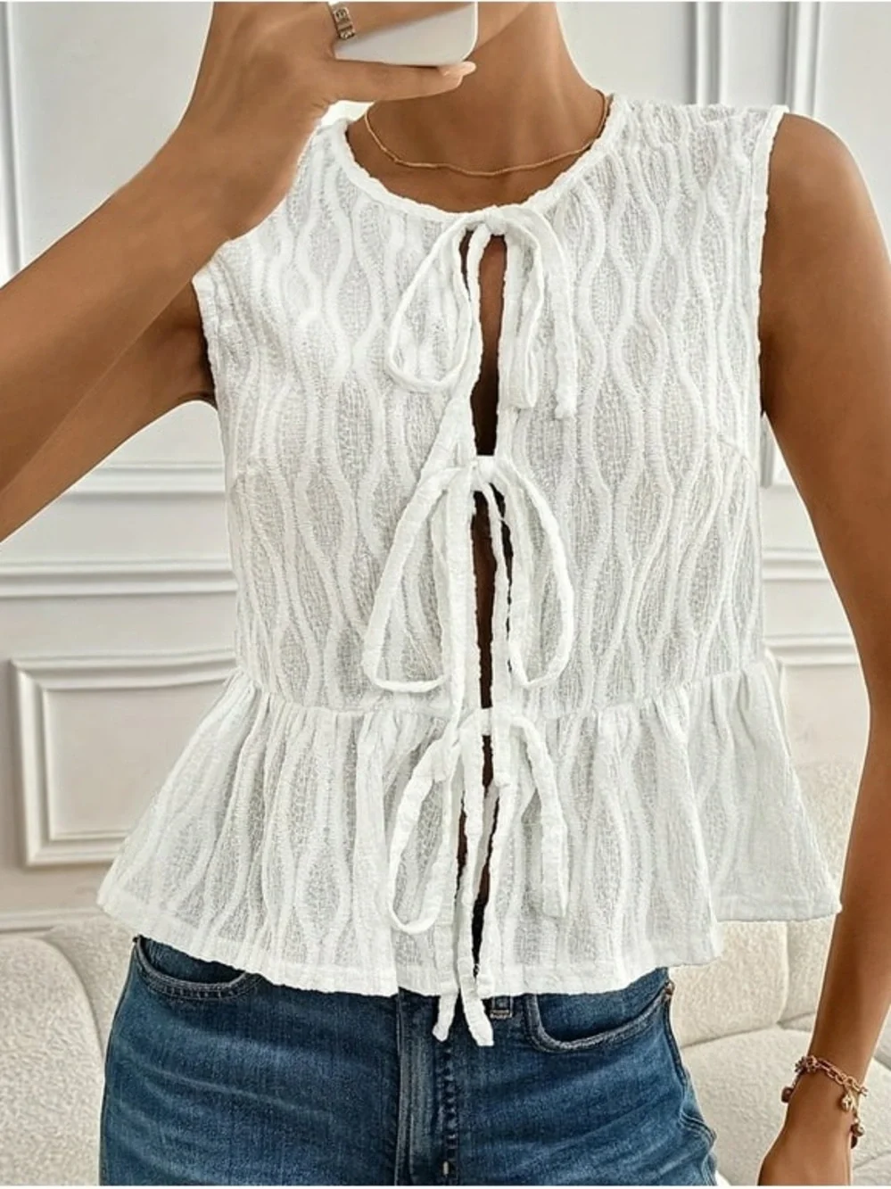 Unknown Brand-Women’s White Tie-Front Textured Peplum Top
